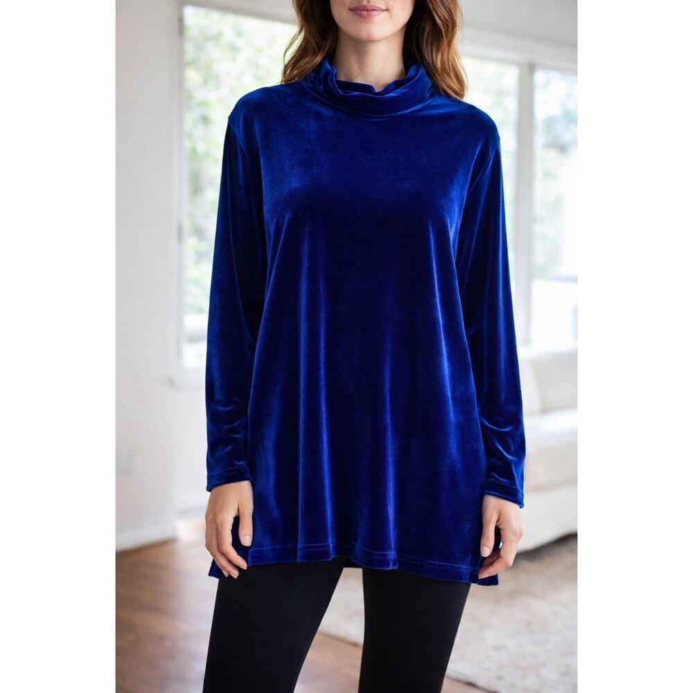 Hot Cotton by Marc Ware Blue Velour Tunic Top Women’s Size L EUC Made USA
